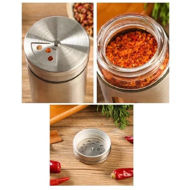 Kit 6 Porta Condimentos em Aço Inox e Vidro - Verona Decor - VERONA DECOR