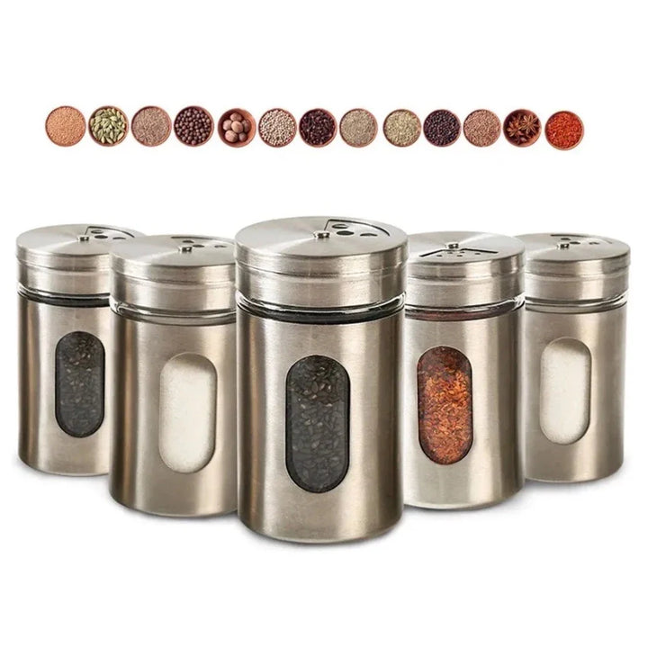 Kit 6 Porta Condimentos em Aço Inox e Vidro - Verona Decor - VERONA DECOR