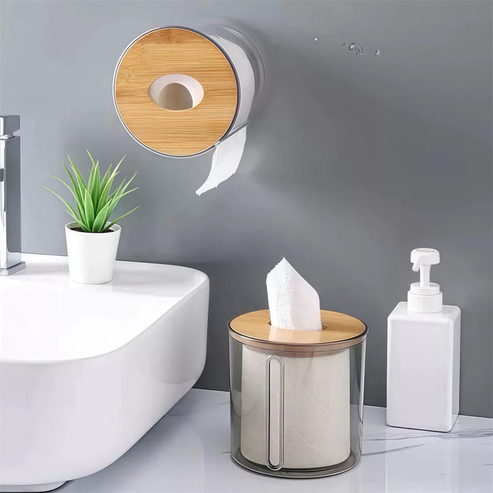 Porta Papel Higienico Luxo Transparente Com Tampa De Bambu - Verona Decor - VERONA DECOR