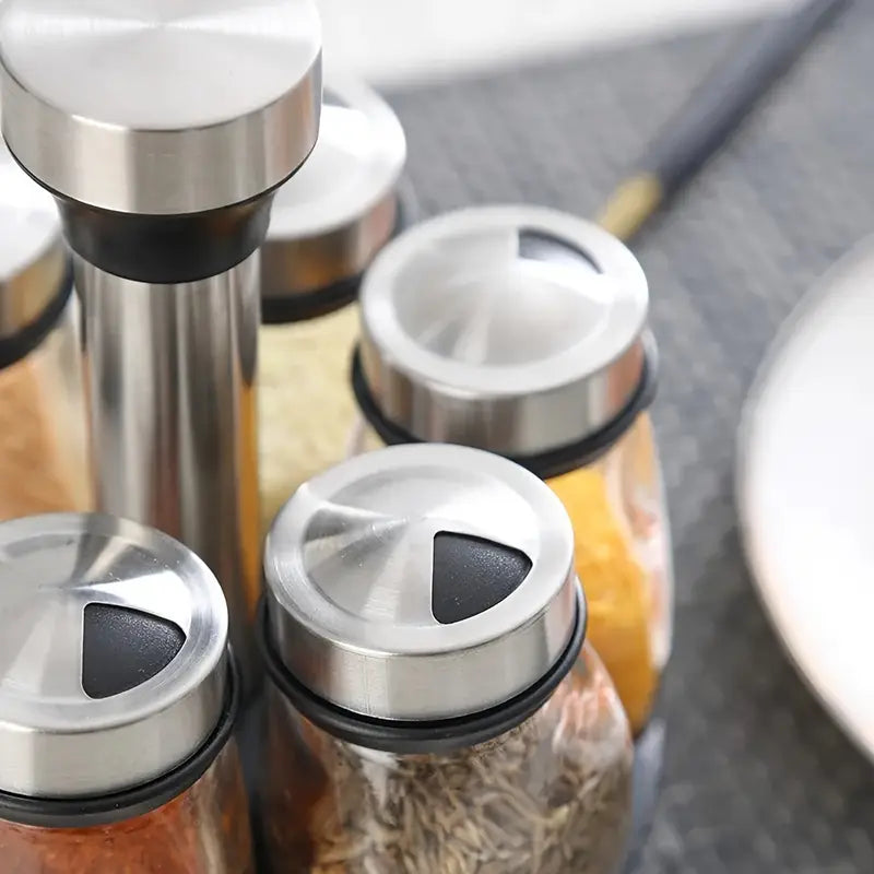 Porta-Temperos Giratório em Aço Inox com 6 Potes de Vidro - Verona Decor - VERONA DECOR
