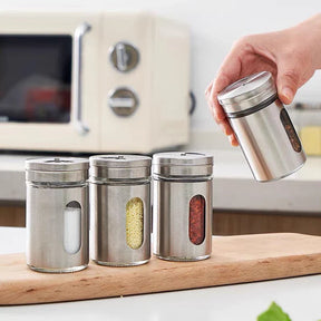Kit 6 Porta Condimentos em Aço Inox e Vidro - Verona Decor - VERONA DECOR