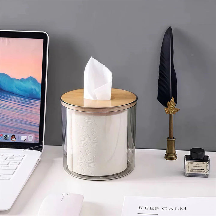 Porta Papel Higienico Luxo Transparente Com Tampa De Bambu - Verona Decor - VERONA DECOR