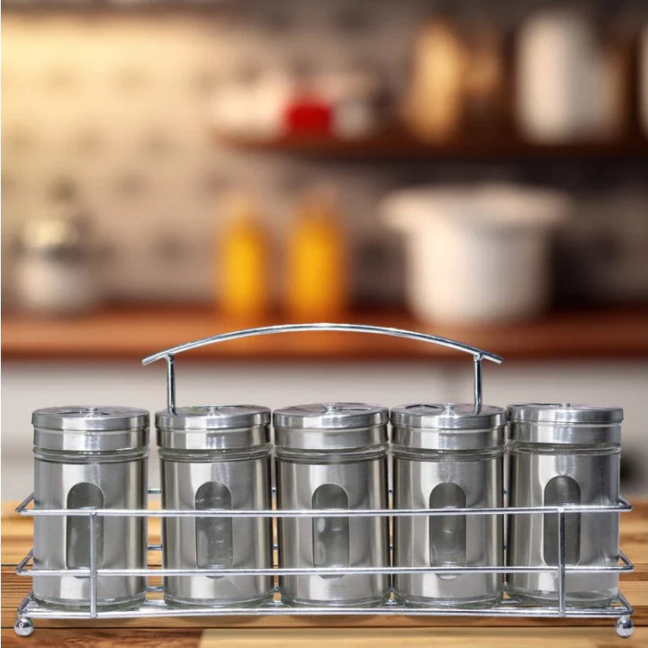 Porta Condimentos Temperos Inox 5 Pçs Com Suporte inox - Verona Decor - VERONA DECOR
