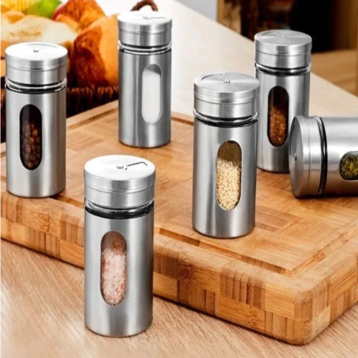 Kit 6 Porta Condimentos em Aço Inox e Vidro - Verona Decor - VERONA DECOR