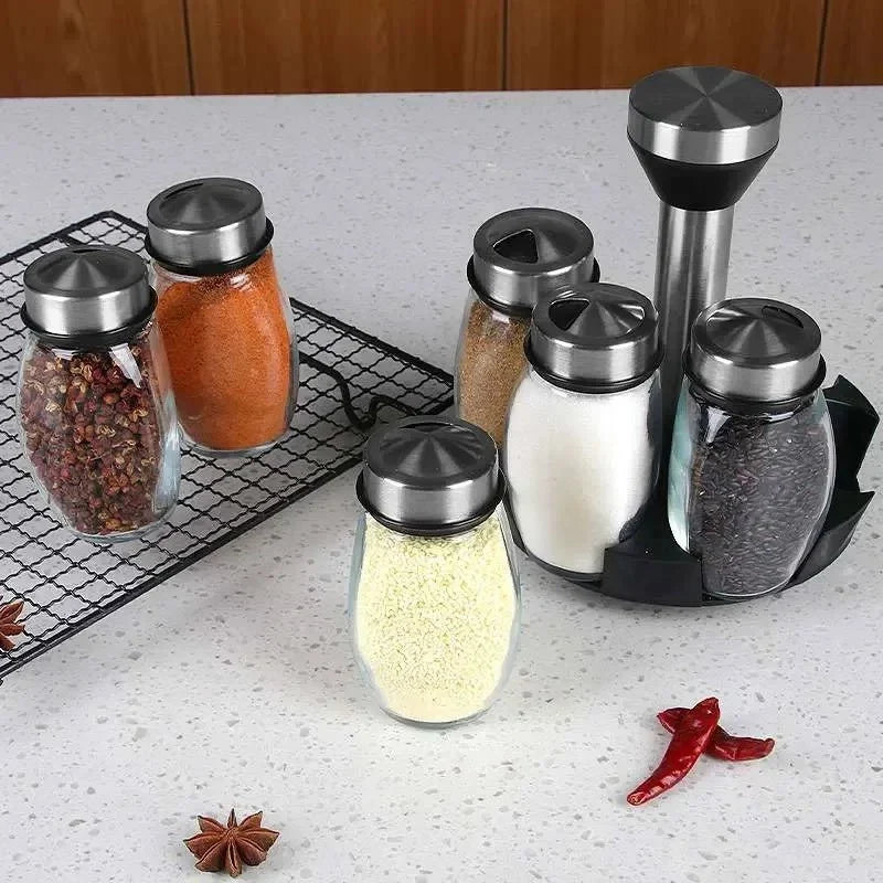 Porta-Temperos Giratório em Aço Inox com 6 Potes de Vidro - Verona Decor - VERONA DECOR