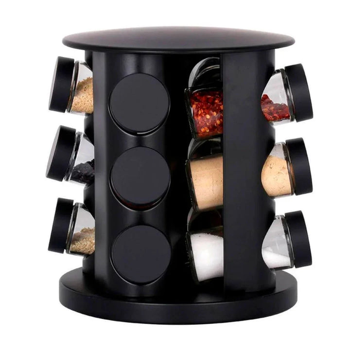 Porta Condimentos com Base Giratória em Aço Inox Preto 9 Peças - Verona Decor - VERONA DECOR