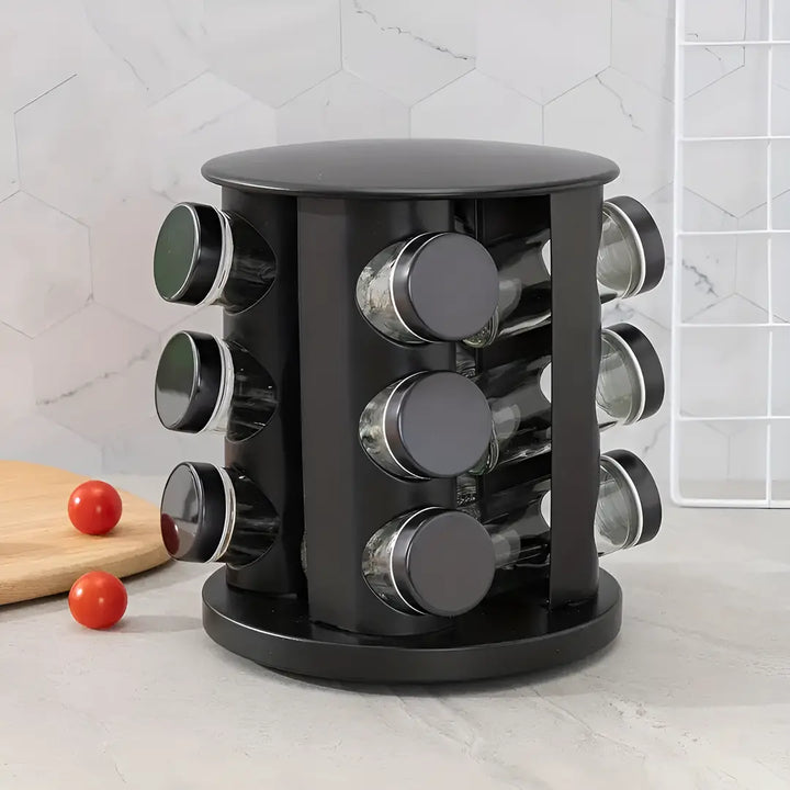 Porta Condimentos com Base Giratória em Aço Inox Preto 9 Peças - Verona Decor - VERONA DECOR