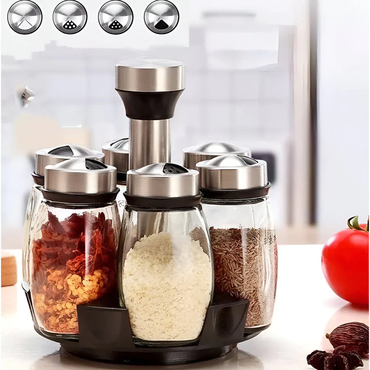 Porta-Temperos Giratório em Aço Inox com 6 Potes de Vidro - Verona Decor - VERONA DECOR