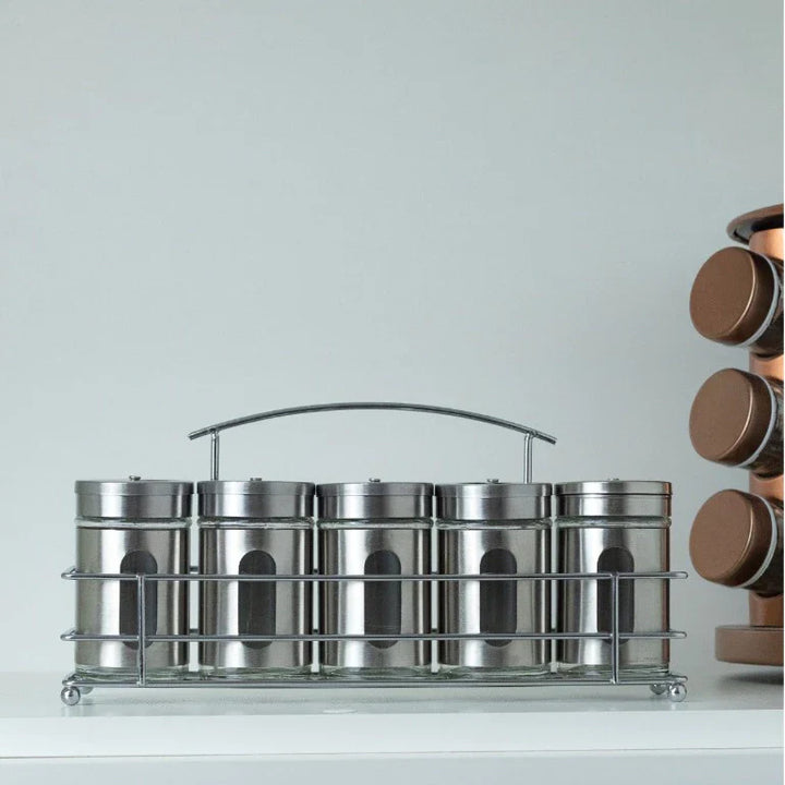 Porta Condimentos Temperos Inox 5 Pçs Com Suporte inox - Verona Decor - VERONA DECOR