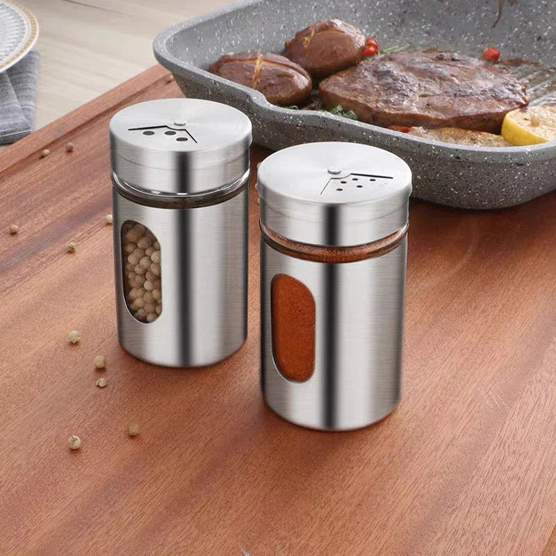Kit 6 Porta Condimentos em Aço Inox e Vidro - Verona Decor - VERONA DECOR