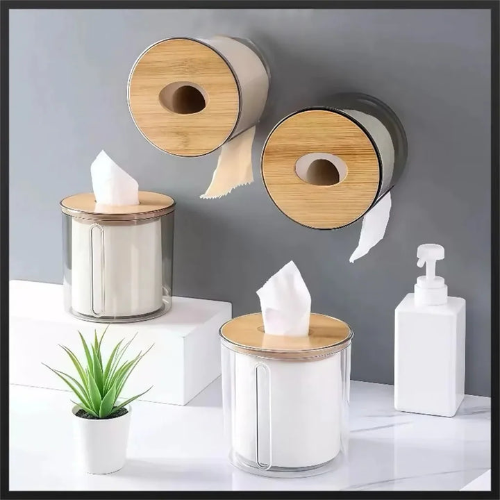 Porta Papel Higienico Luxo Transparente Com Tampa De Bambu - Verona Decor - VERONA DECOR