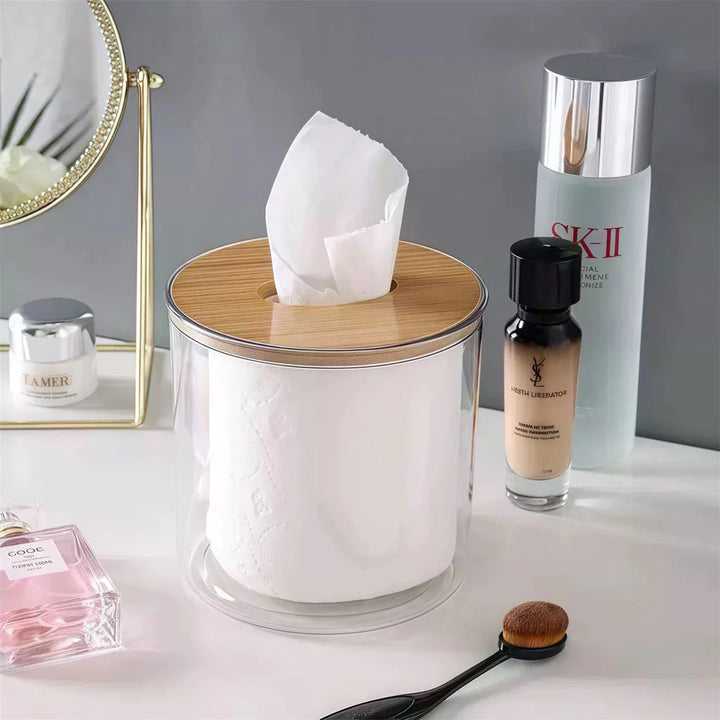 Porta Papel Higienico Luxo Transparente Com Tampa De Bambu - Verona Decor - VERONA DECOR