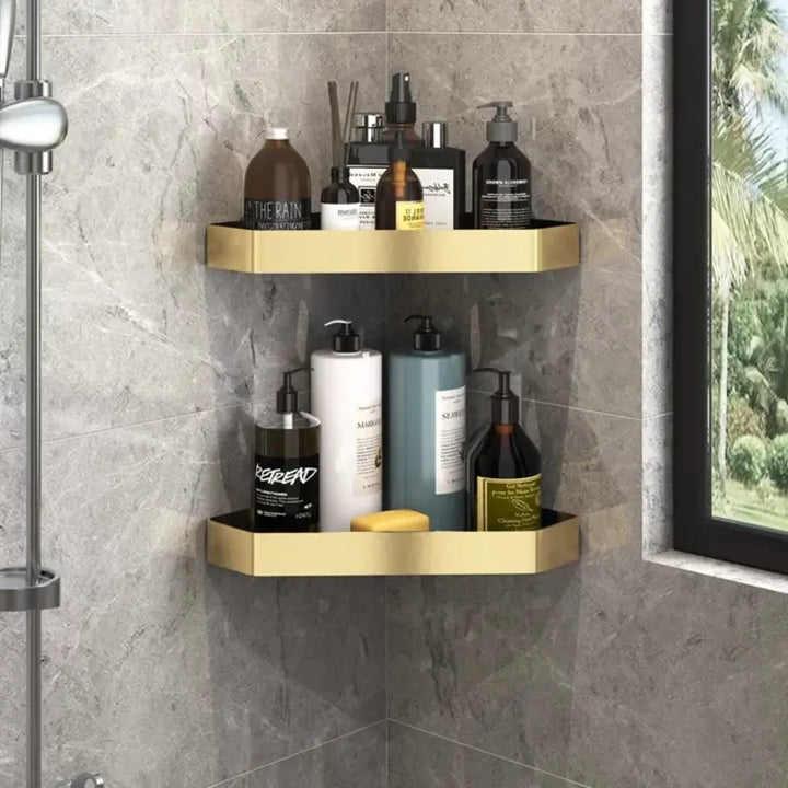 Kit 2 Prateleira Para Banheiro Em Alumínio Preto Com Dourado - Verona Decor - VERONA DECOR