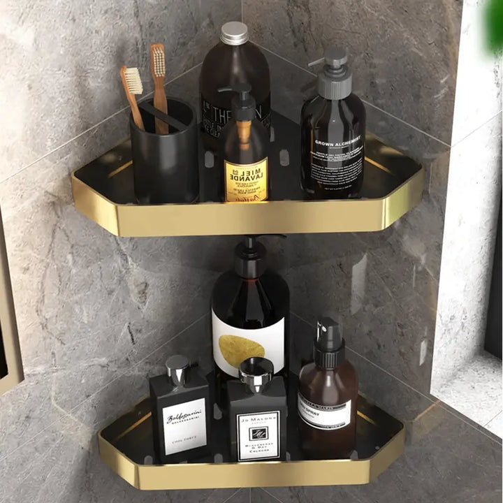 Kit 2 Prateleira Para Banheiro Em Alumínio Preto Com Dourado - Verona Decor - VERONA DECOR