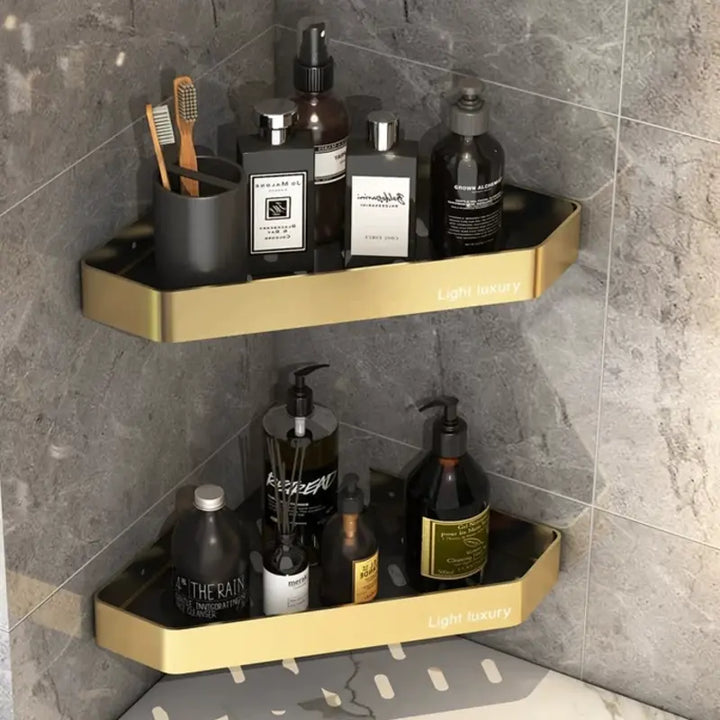 Kit 2 Prateleira Para Banheiro Em Alumínio Preto Com Dourado - Verona Decor - VERONA DECOR