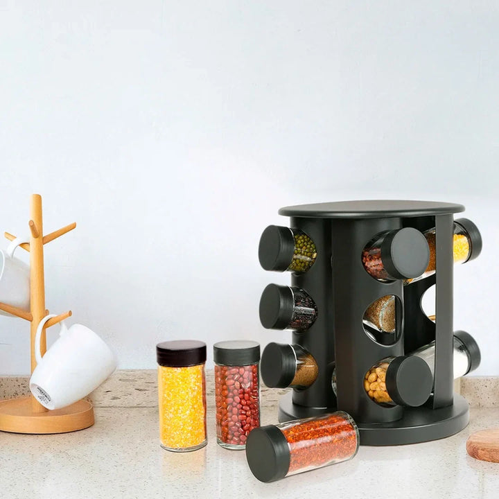 Porta Condimentos com Base Giratória em Aço Inox Preto 9 Peças - Verona Decor - VERONA DECOR