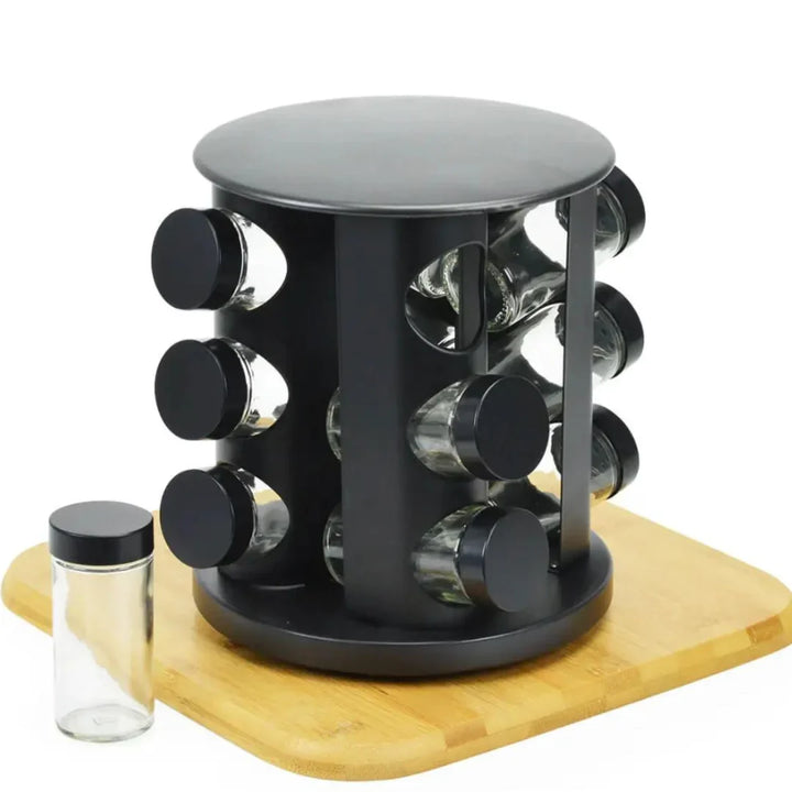 Porta Condimentos com Base Giratória em Aço Inox Preto 9 Peças - Verona Decor - VERONA DECOR