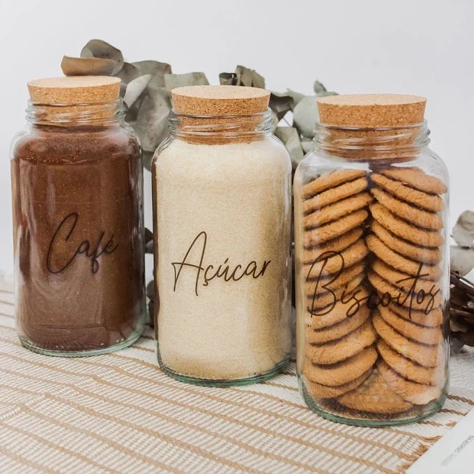 3 Potes de Vidro 810ml com Tampa de Rolha e Adesivos para Café, Açúcar e Biscoitos - Verona Decor - VERONA DECOR
