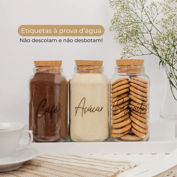 3 Potes de Vidro 810ml com Tampa de Rolha e Adesivos para Café, Açúcar e Biscoitos - Verona Decor - VERONA DECOR