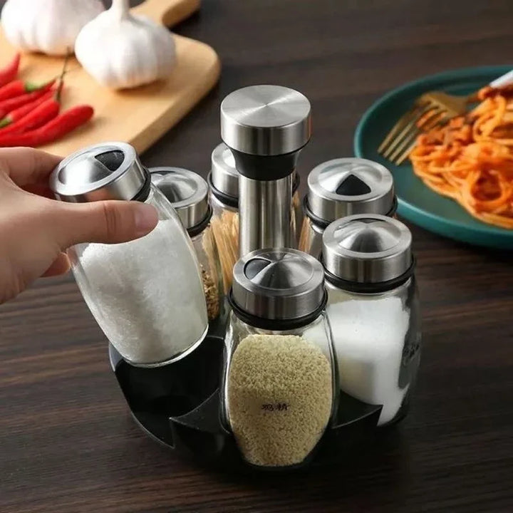 Porta-Temperos Giratório em Aço Inox com 6 Potes de Vidro - Verona Decor - VERONA DECOR