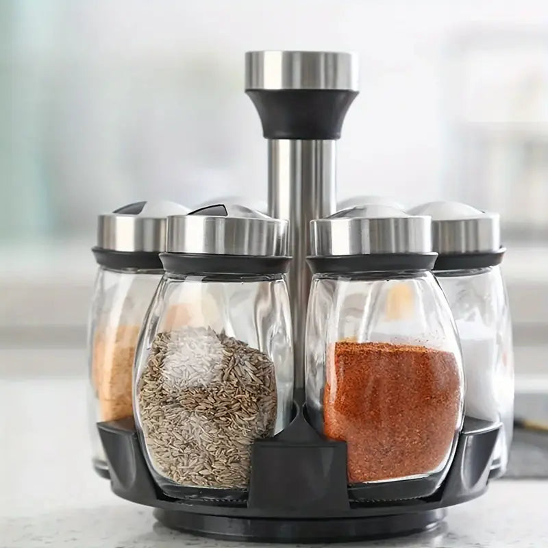Porta-Temperos Giratório em Aço Inox com 6 Potes de Vidro - Verona Decor - VERONA DECOR
