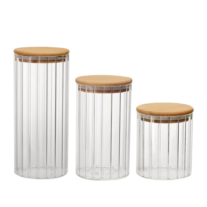 3 Potes De Vidro Canelado Hermético Com Tampa Bambu - Verona Decor - VERONA DECOR