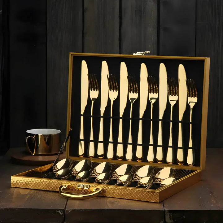 Conjunto de Talheres em Aço Inoxidável / 24 Peças com Caixa de Madeira Artesanal - Verona Decor - VERONA DECOR