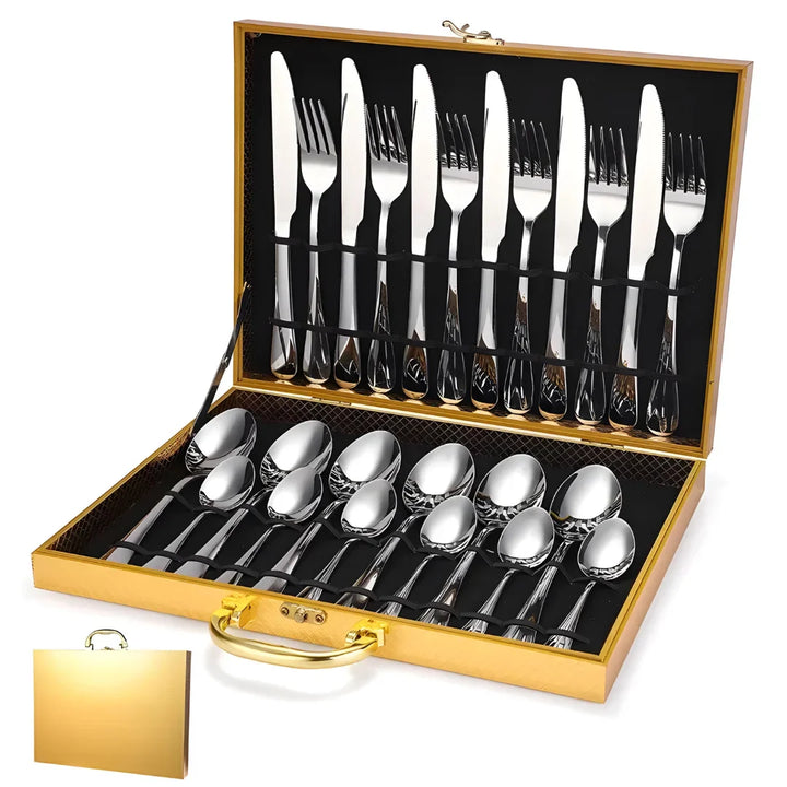 Conjunto de Talheres em Aço Inoxidável / 24 Peças com Caixa de Madeira Artesanal - Verona Decor - VERONA DECOR
